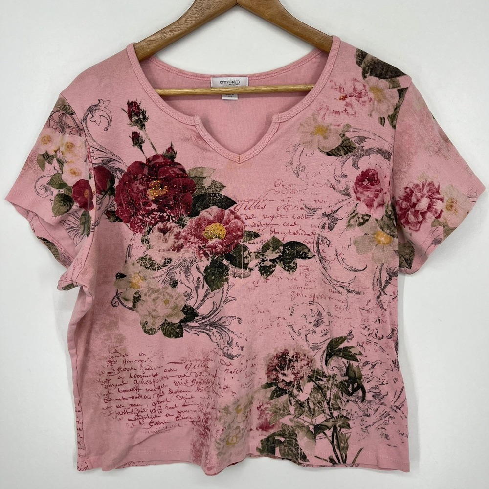 Dressbarn Woman Pink Floral Script Graphic T-Shirt 1X Beaded Cotton Vtg Y2K